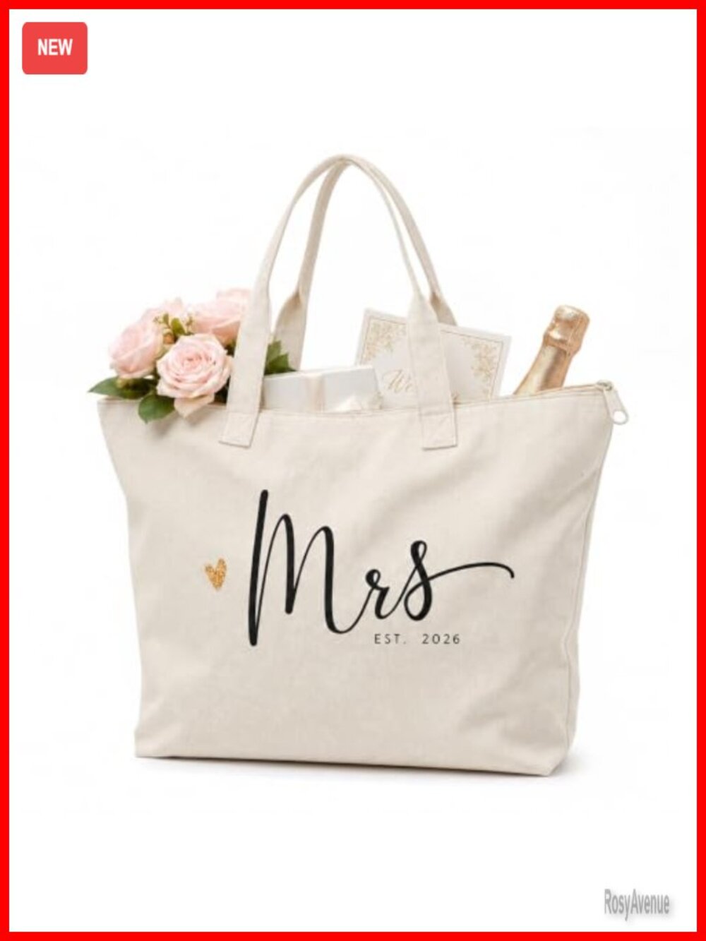 Cotton Canvas Mrs EST 2026 Bride Tote Bag Zipper Bridal Shower Gift